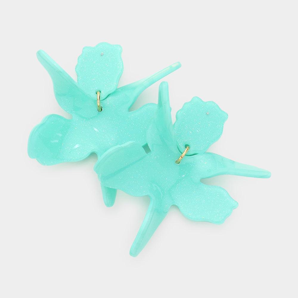 Blue Floral Glittered Resin Dangle Earrings - Jewelry Store by Erik Rayo