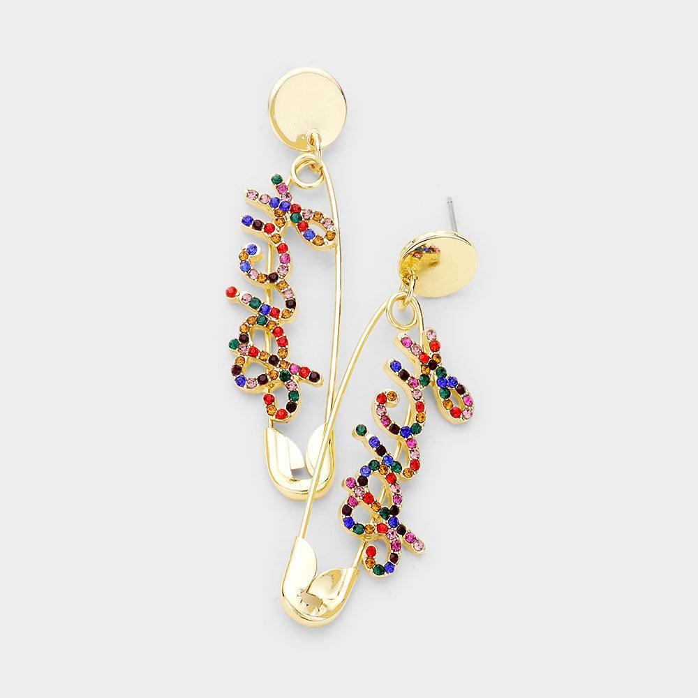 Gold Rhinestone Pave Spicy Safety Pin Earrings - Jewelry Store by Erik Rayo