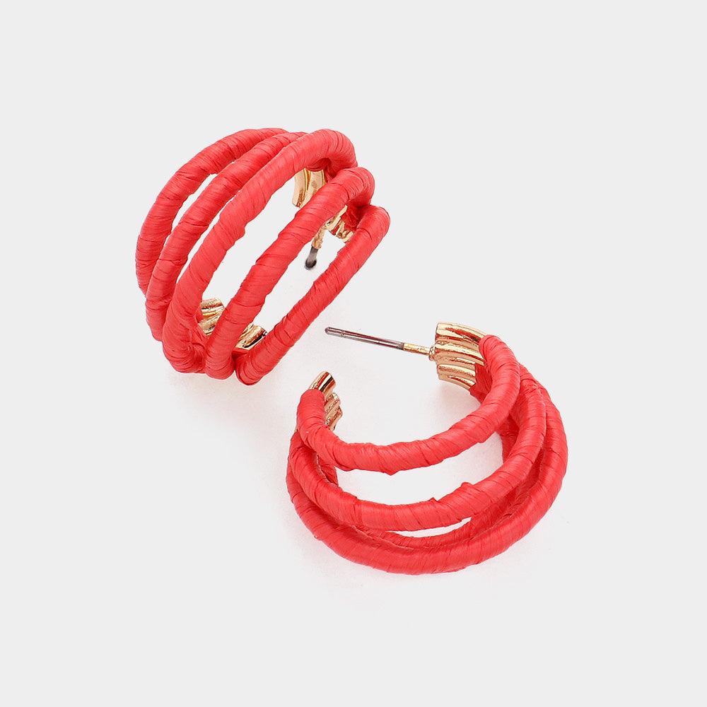 Red Raffia Wrapped Split Hoop Earrings