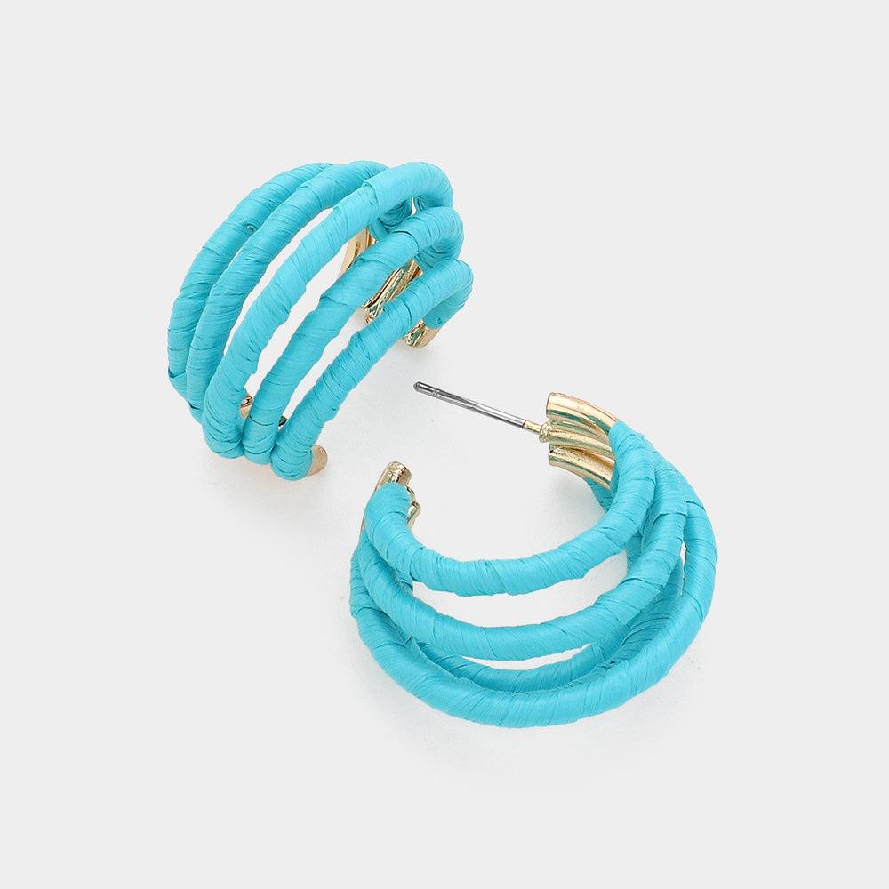 Turquoise Raffia Wrapped Split Hoop Earrings