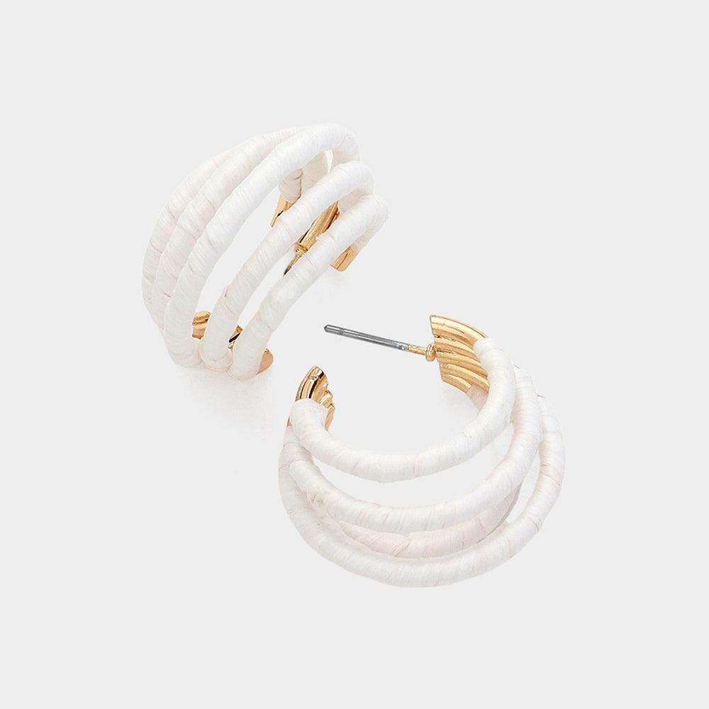 White Raffia Wrapped Split Hoop Earrings