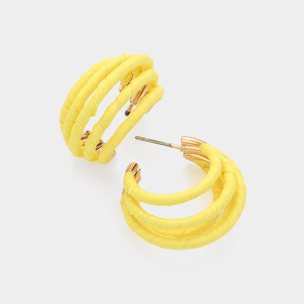 Yellow Raffia Wrapped Split Hoop Earrings