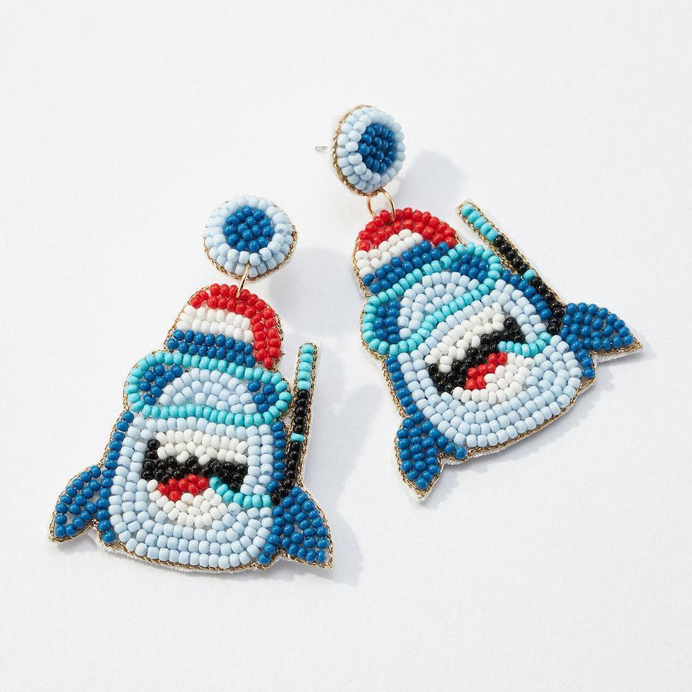 Blue Felt Back Seed Beaded Shark Dangle Earrings - Jewelry Store by Erik Rayo
