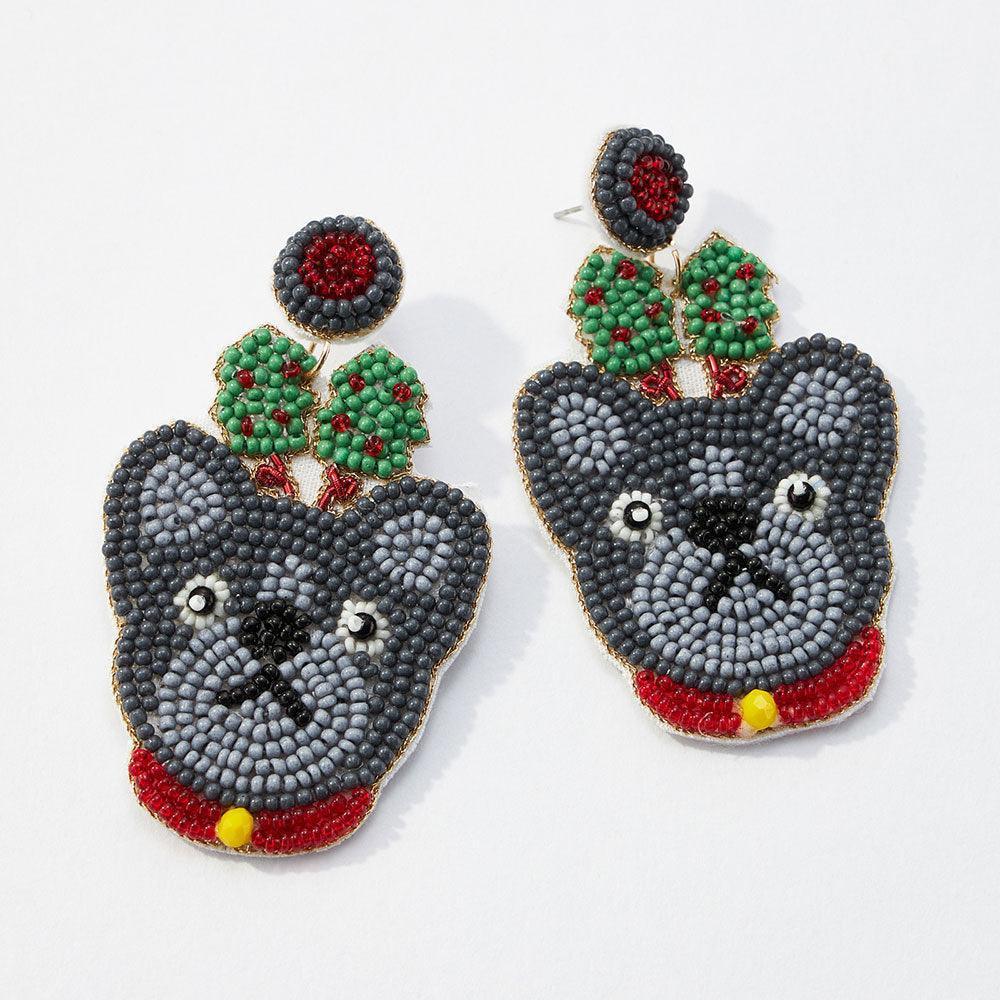 Felt Back Seed Beaded Christmas Tree Bulldog Dangle Earrings - Jewelry Store by Erik Rayo