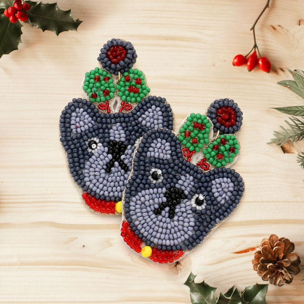 Felt Back Seed Beaded Christmas Tree Bulldog Dangle Earrings - Jewelry Store by Erik Rayo