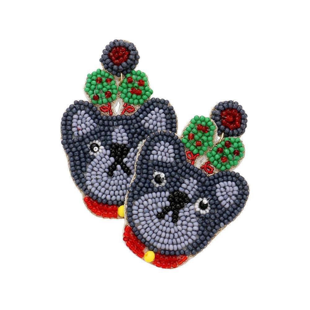 Felt Back Seed Beaded Christmas Tree Bulldog Dangle Earrings - Jewelry Store by Erik Rayo