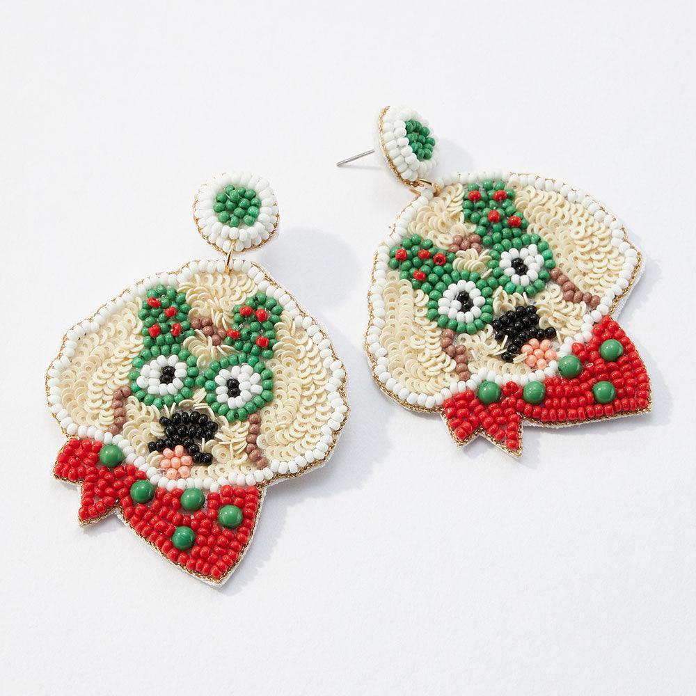 Felt Back Seed Beaded Christmas Tree Glasses Dog Dangle Earrings - Jewelry Store by Erik Rayo