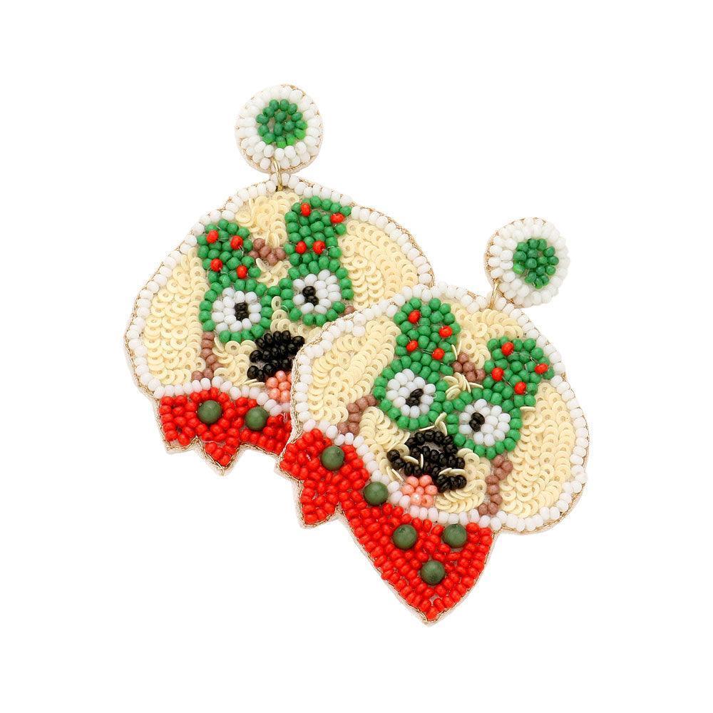 Felt Back Seed Beaded Christmas Tree Glasses Dog Dangle Earrings - Jewelry Store by Erik Rayo
