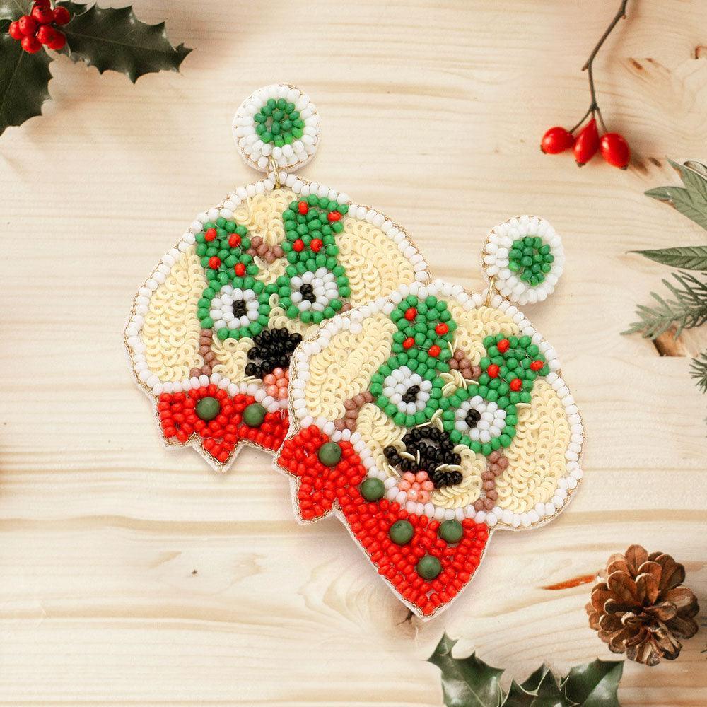 Felt Back Seed Beaded Christmas Tree Glasses Dog Dangle Earrings - Jewelry Store by Erik Rayo