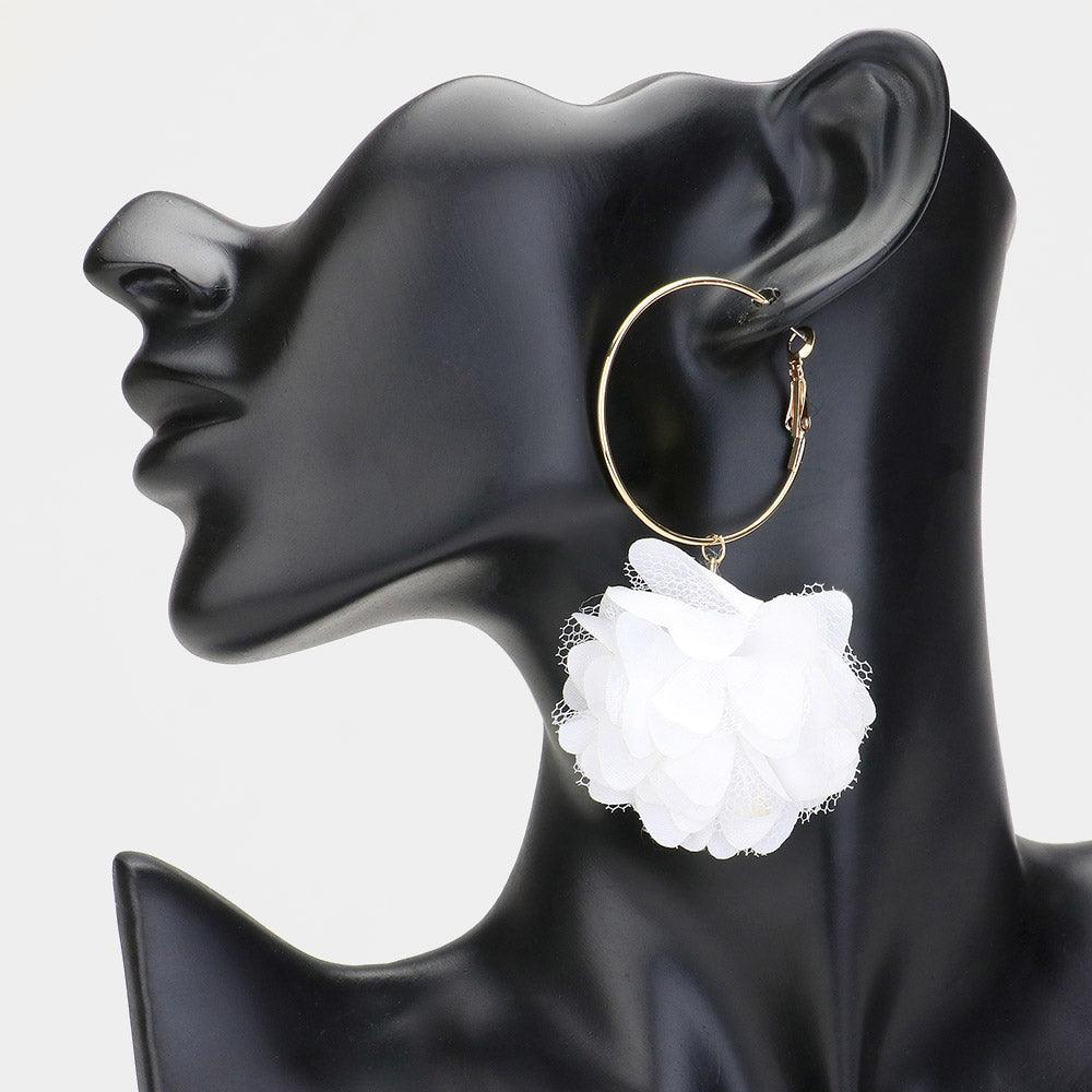 White Fabric Rose Dangle Earrings