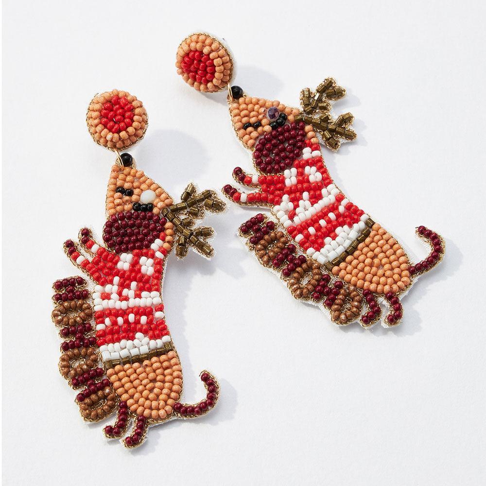 Brown Felt Back Seed Beaded Rudolph Dog Dangle Earrings - Jewelry Store by Erik Rayo