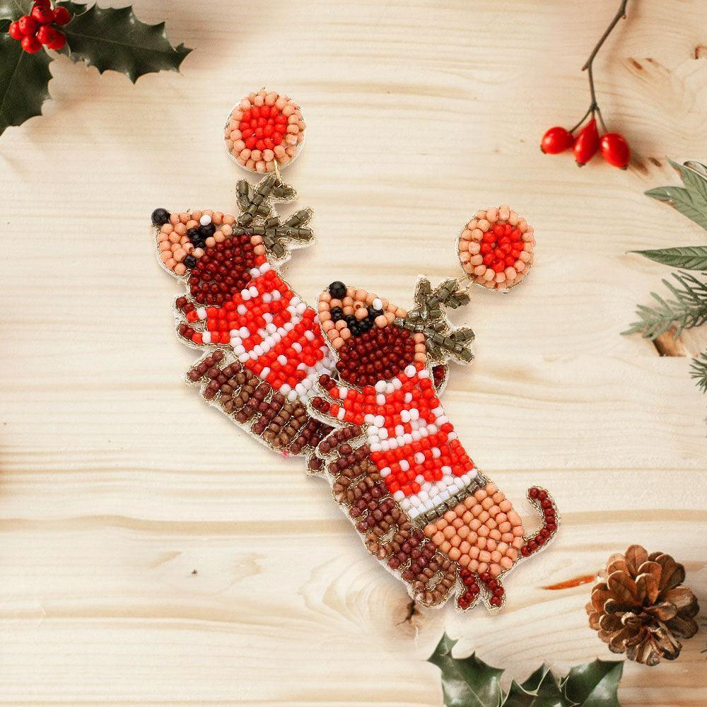 Brown Felt Back Seed Beaded Rudolph Dog Dangle Earrings - Jewelry Store by Erik Rayo
