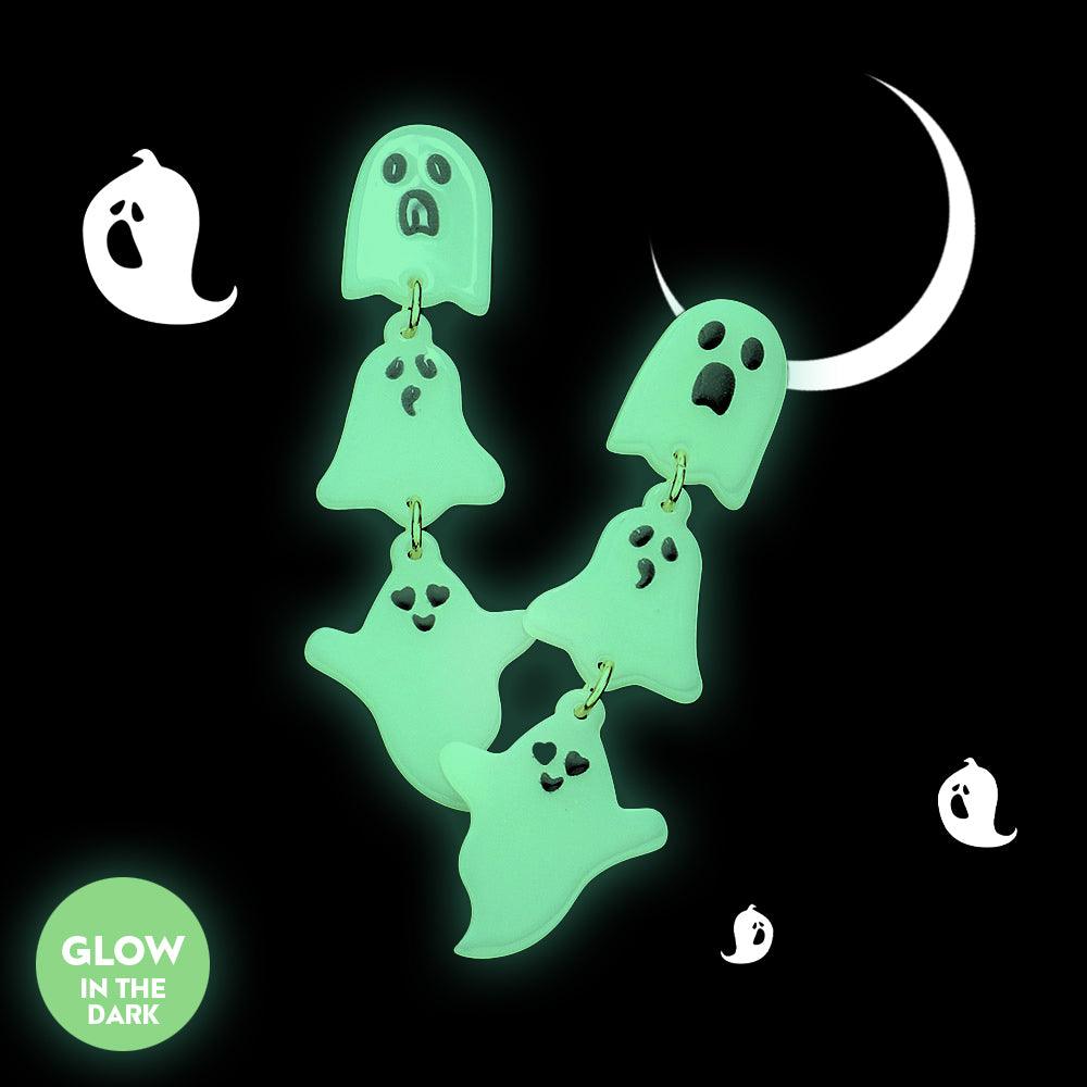 White Glow in The Dark Triple Ghost Link Dangle Earrings