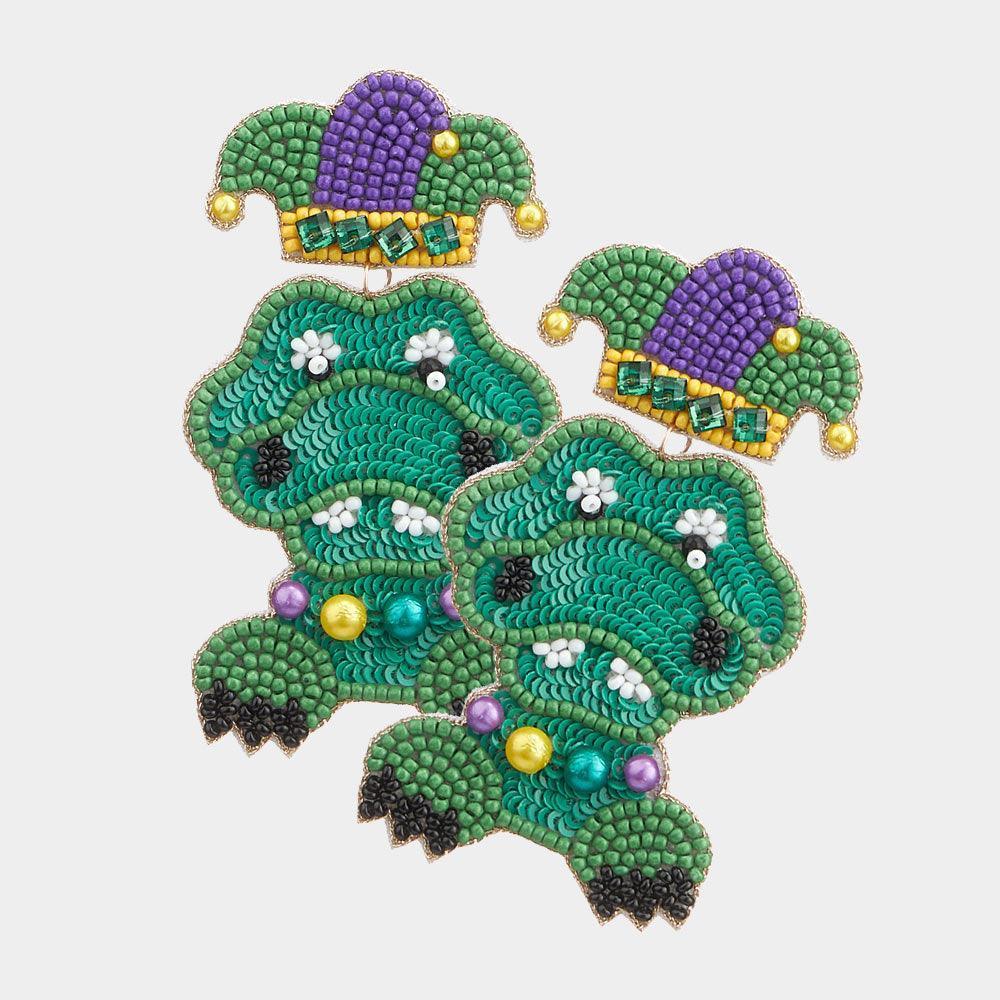 Felt Back Mardi Gras Crocodile/Alligator Beaded Earrings - Jewelry Store by Erik Rayo