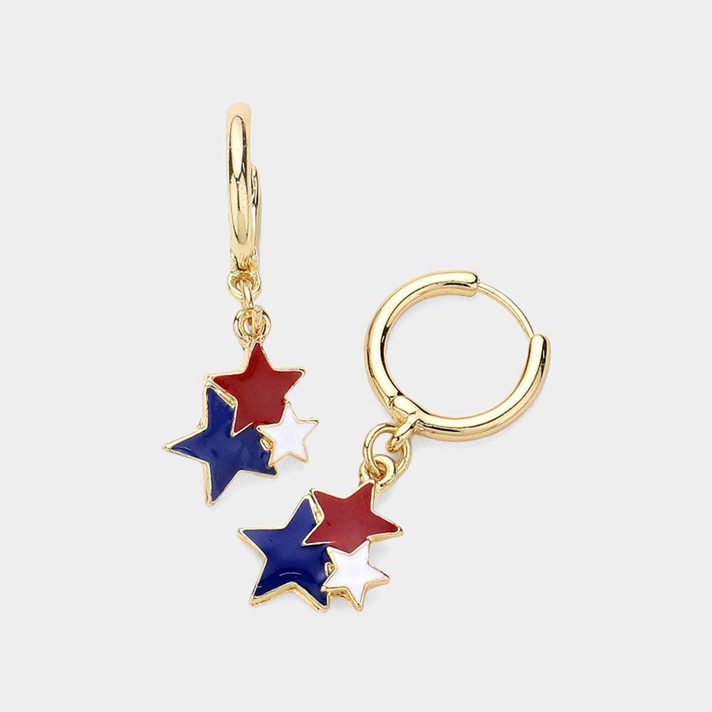 Gold American USA Flag Triple Star Dangle Huggie Earrings