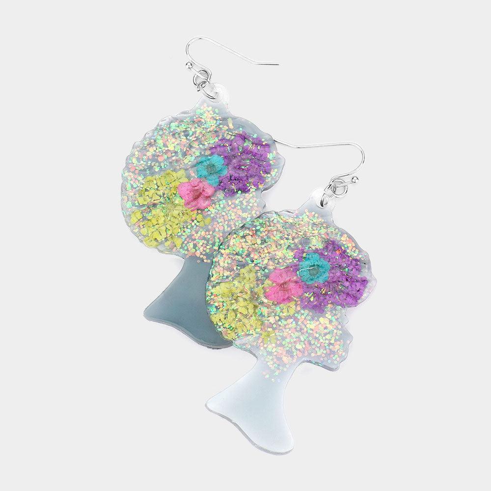 Pressed Flower Glittered Lucite Girl Dangle Earrings - Jewelry Store by Erik Rayo