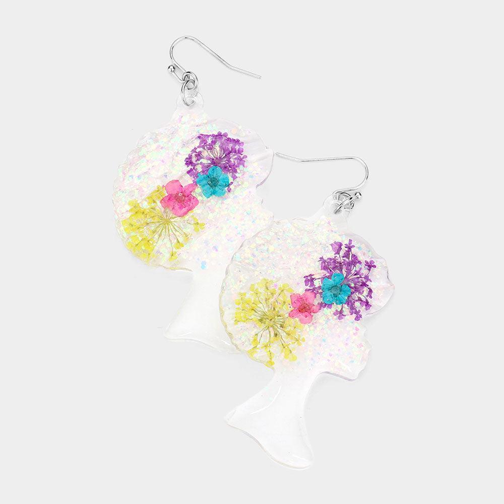 Pressed Flower Glittered Lucite Girl Dangle Earrings - Jewelry Store by Erik Rayo