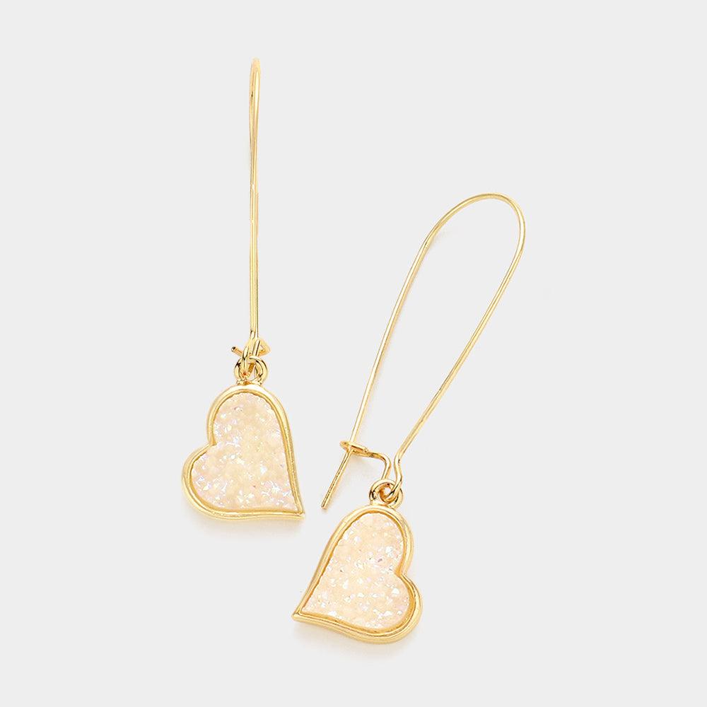 White Druzy Heart Dangle Earrings