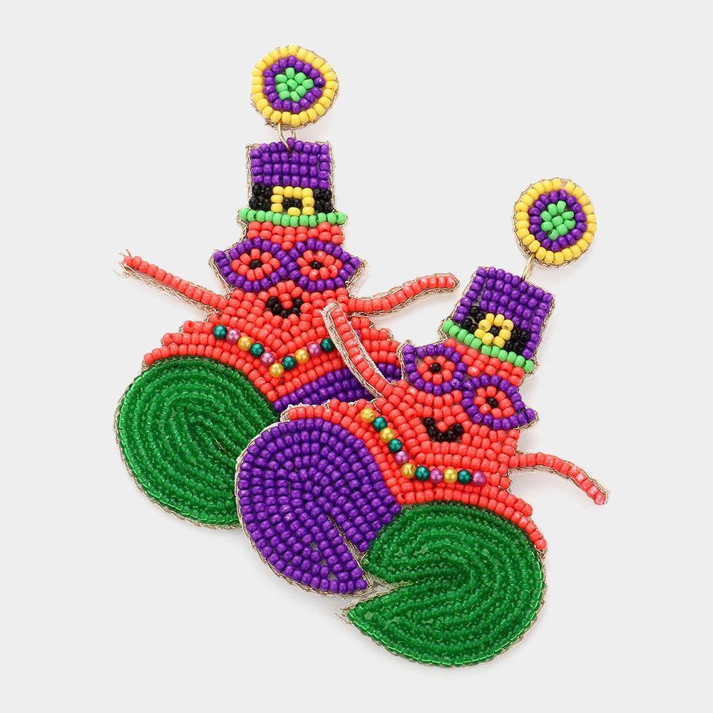 Felt Back Mardi Gras Lobster Beaded Dangle Earrings - Jewelry Store by Erik Rayo