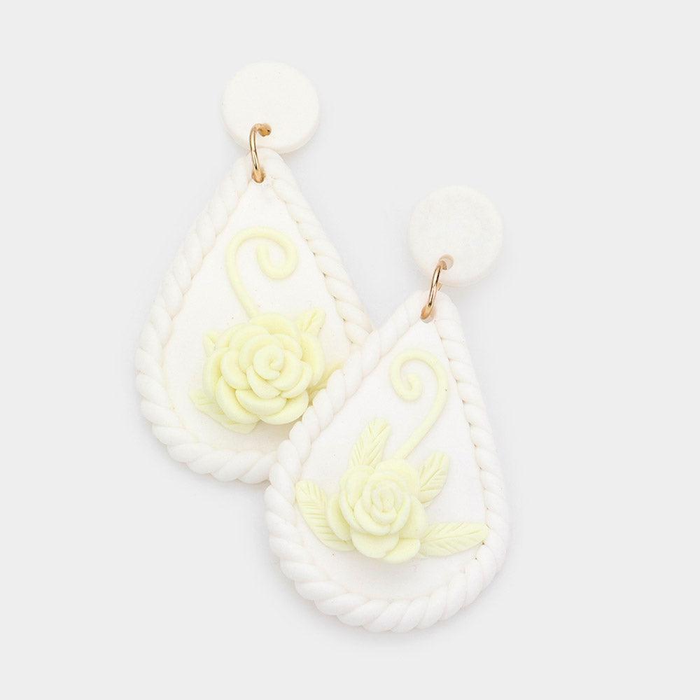 White Flower Accented Teardrop Polymer Clay Dangle Earrings