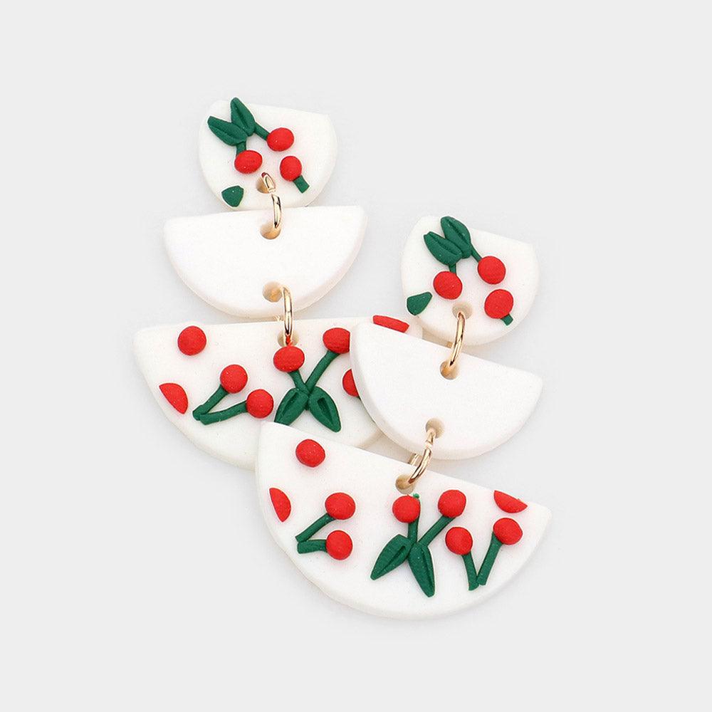 White Cherry Detailed Half Round Polymer Clay Link Dangle Earrings