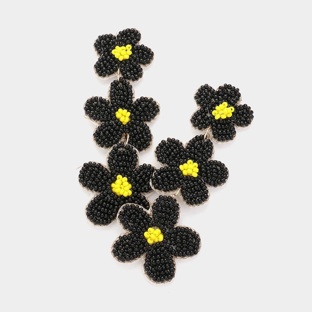 Black Felt Back Triple Flower Beaded Dropdown Earrings - Jewelry Store by Erik Rayo