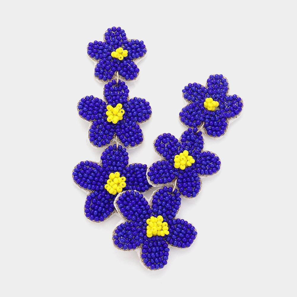 Blue Felt Back Triple Flower Beaded Dropdown Earrings - Jewelry Store by Erik Rayo