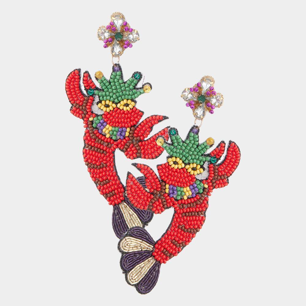 Felt Back Mardi Gras Lobster Beaded Dangle Earrings - Jewelry Store by Erik Rayo