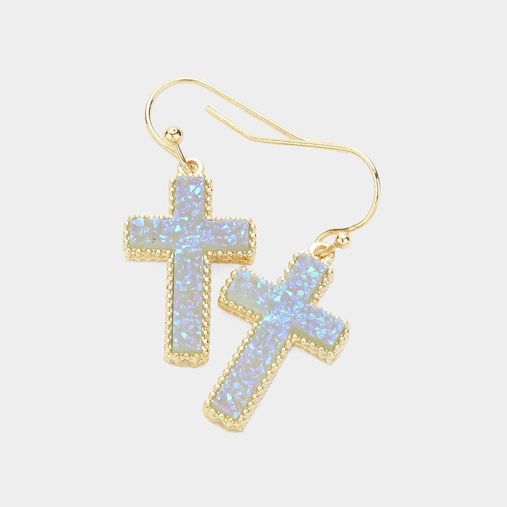 Blue Cross Druzy Dangle Earrings - Jewelry Store by Erik Rayo