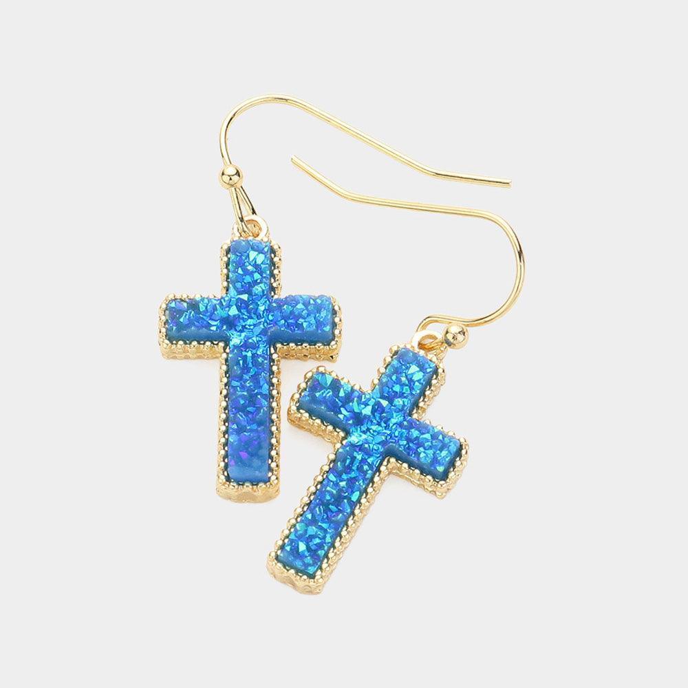 Blue Cross Druzy Dangle Earrings - Jewelry Store by Erik Rayo