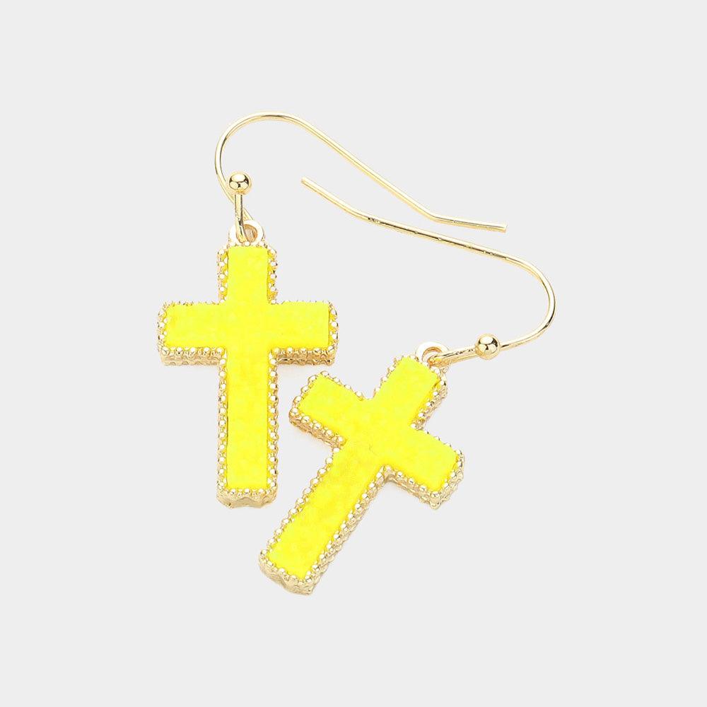 Yellow Cross Druzy Dangle Earrings