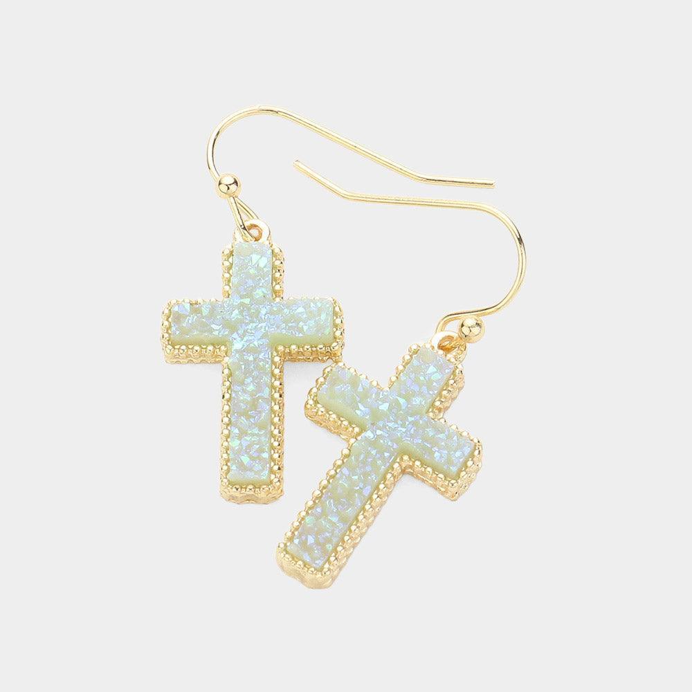 Blue Cross Druzy Dangle Earrings - Jewelry Store by Erik Rayo