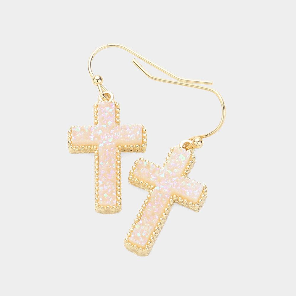 White Cross Druzy Dangle Earrings