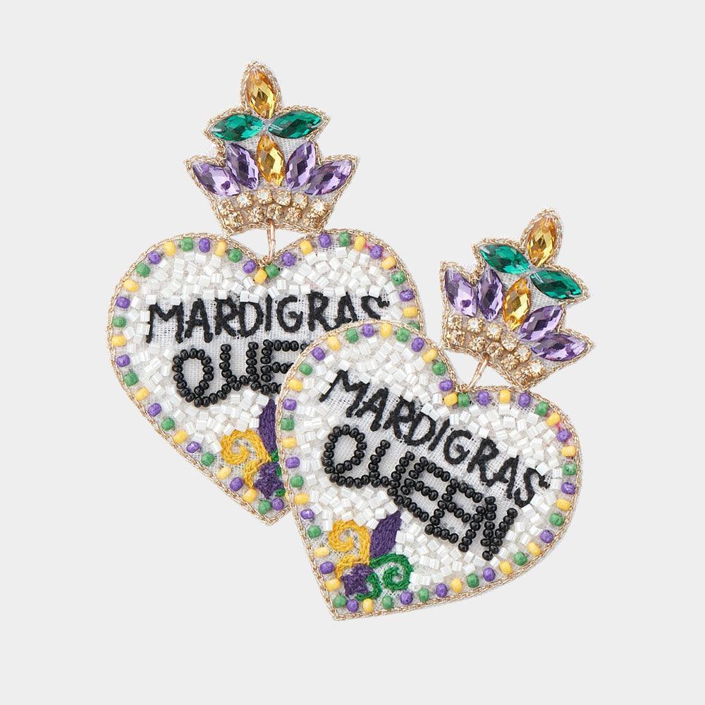 Felt Back Mardi Gras Queen Message Beaded Dangle Earrings - Jewelry Store by Erik Rayo