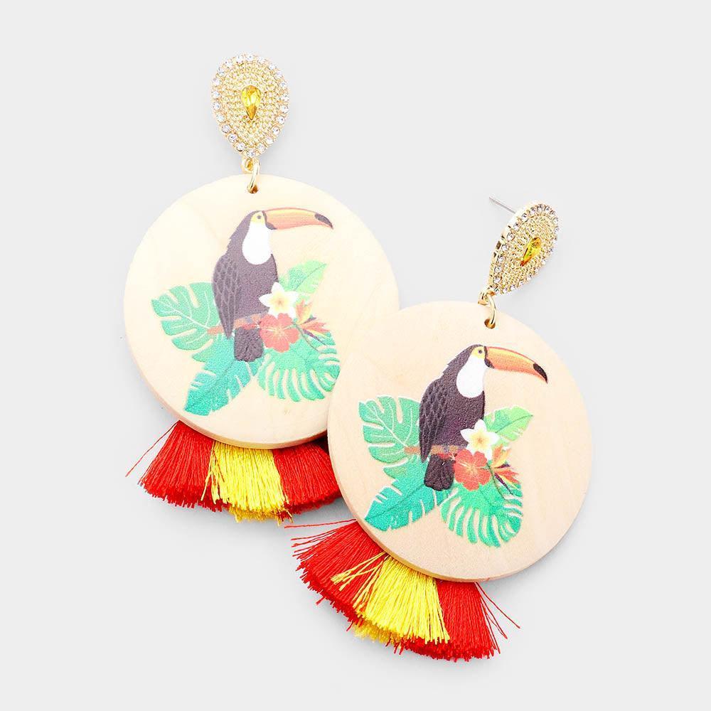Gold Water Color Toucan Round Wood Tassel Earrings - Jewelry Store by Erik Rayo