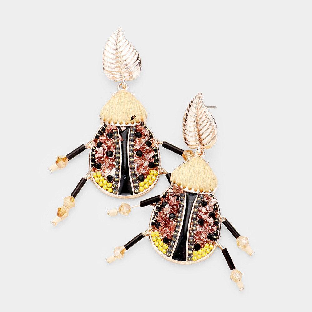 Rose Gold Metal Leaf Multi Bead Ladybug Earrings - Jewelry Store by Erik Rayo