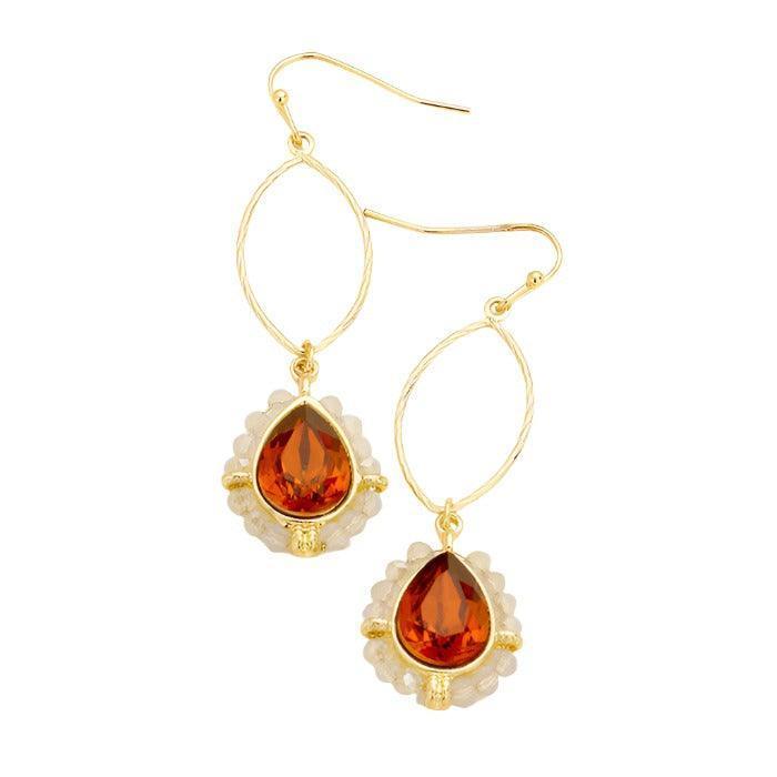 Gold Metal Oval Wire Wrapped Bead Teardrop Stone Dangle Earrings