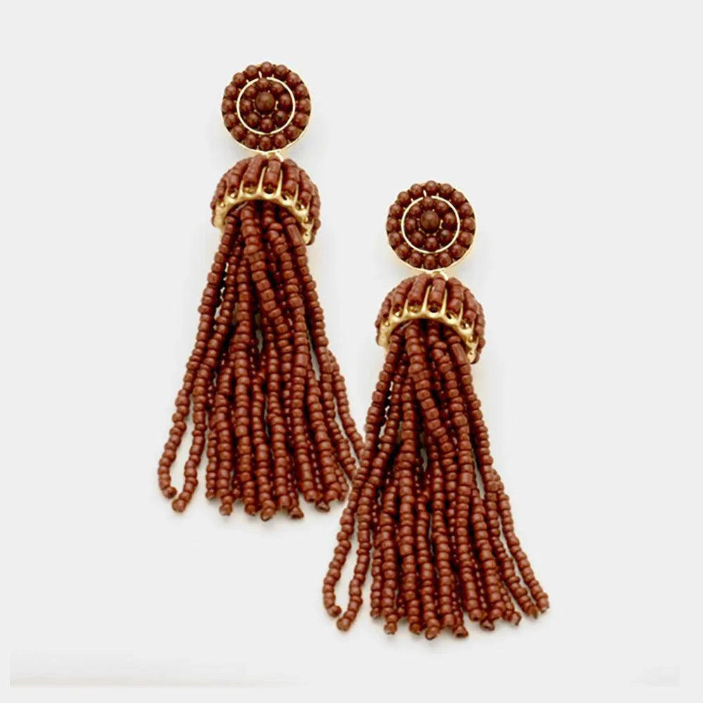 Brown Beaded Tassel Earrings - Jewelry Store by Erik Rayo