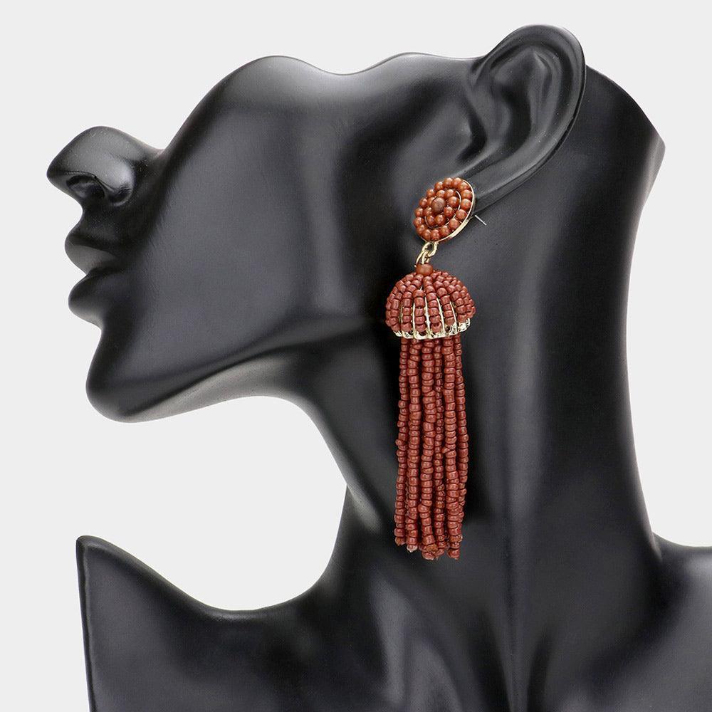 Brown Beaded Tassel Earrings - Jewelry Store by Erik Rayo