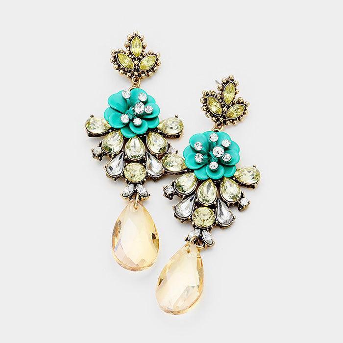 Green Bloom Flower Centered Crystal Teardrop Dangle Earrings - Jewelry Store by Erik Rayo
