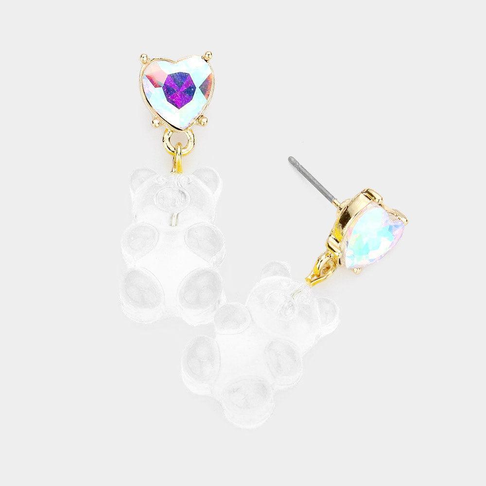 Clear Heart Stone Gummy Bear Dangle Earrings - Jewelry Store by Erik Rayo