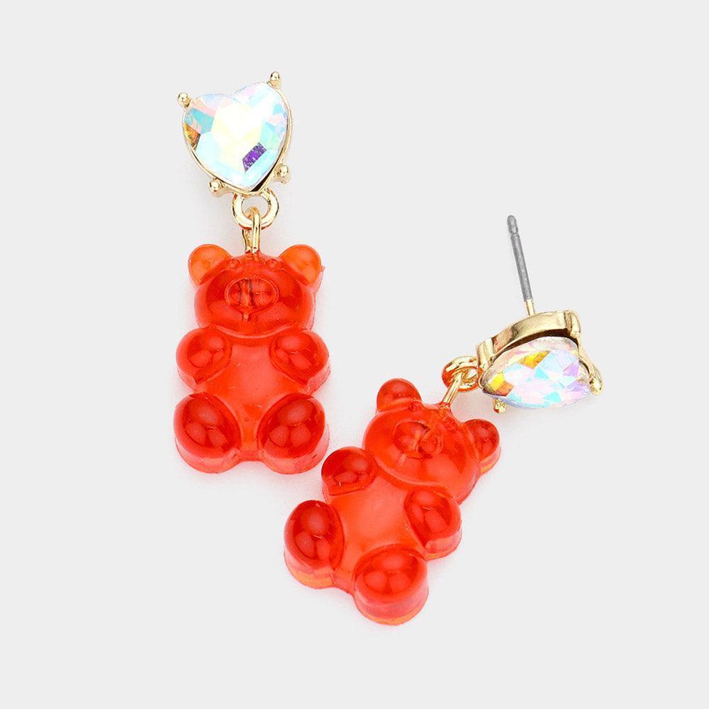 Red Heart Stone Gummy Bear Dangle Earrings - Jewelry Store by Erik Rayo