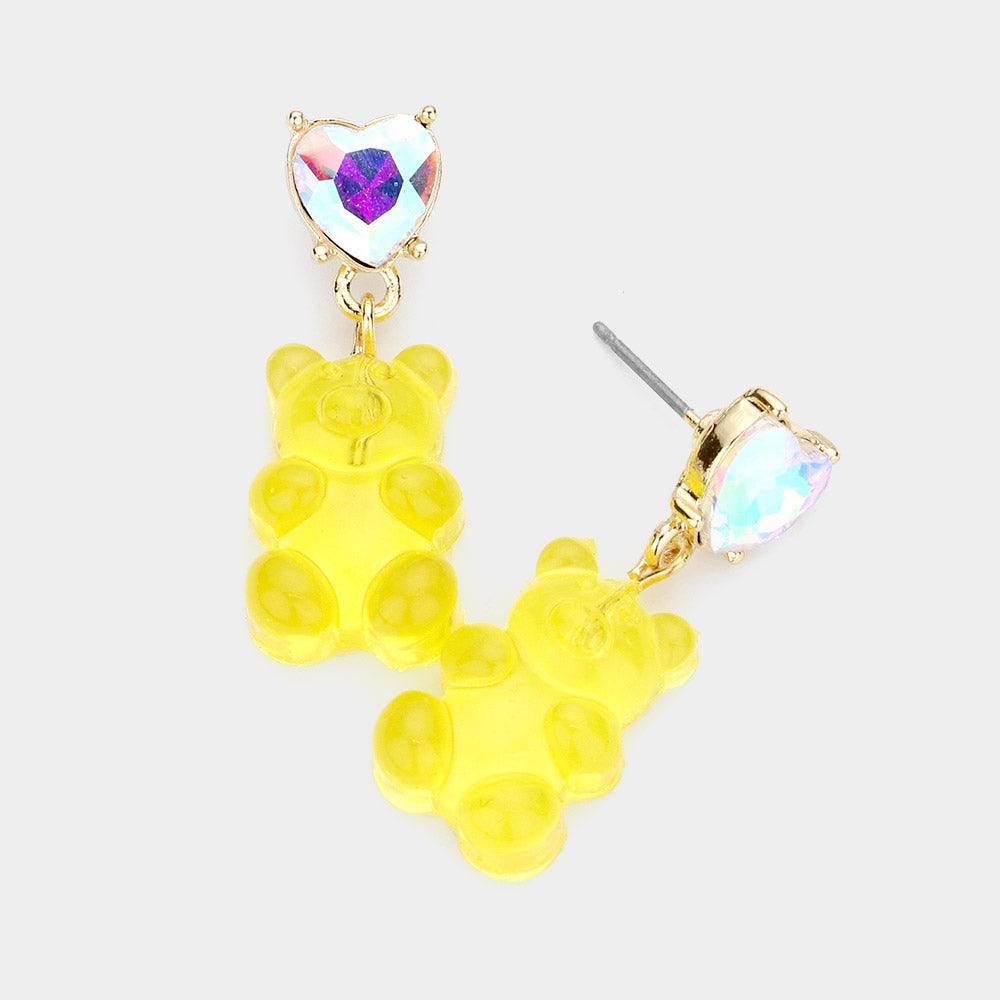 Yellow Heart Stone Gummy Bear Dangle Earrings