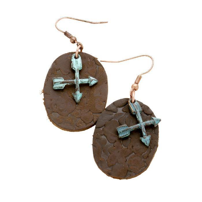 Oval Faux Leather Metal Arrow Dangle Earrings