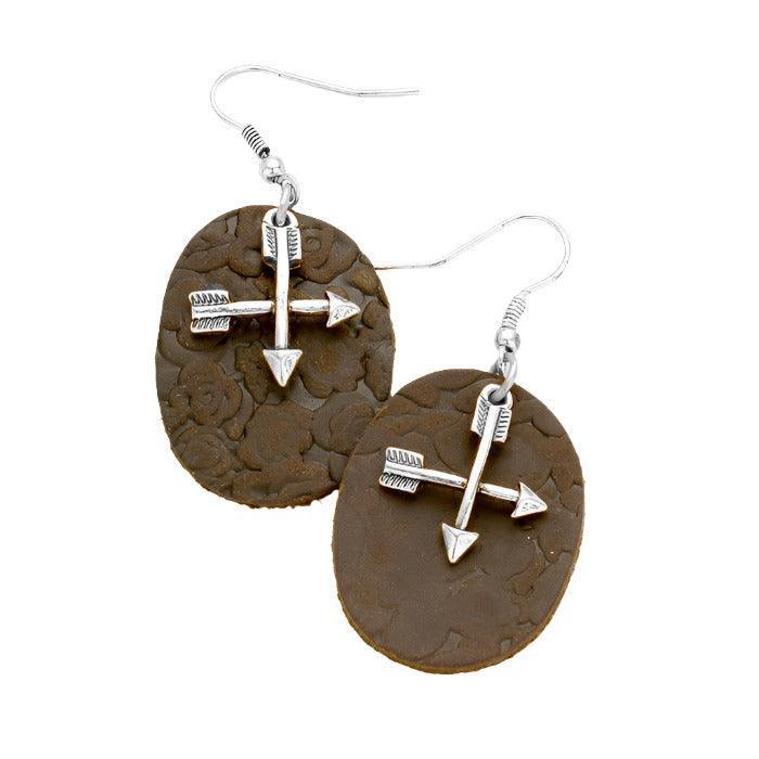 Silver Oval Faux Leather Metal Arrow Dangle Earrings