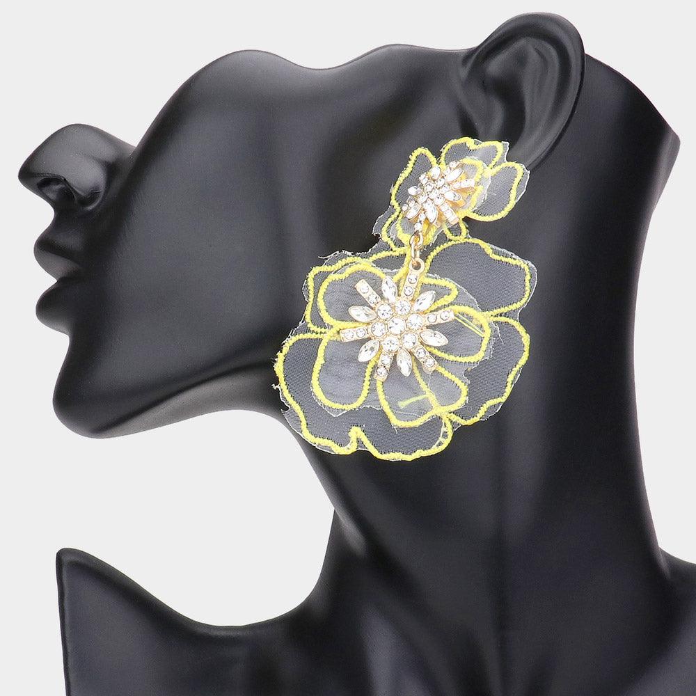 Yellow Stone Embellished Mesh Flower Dangle Earrings