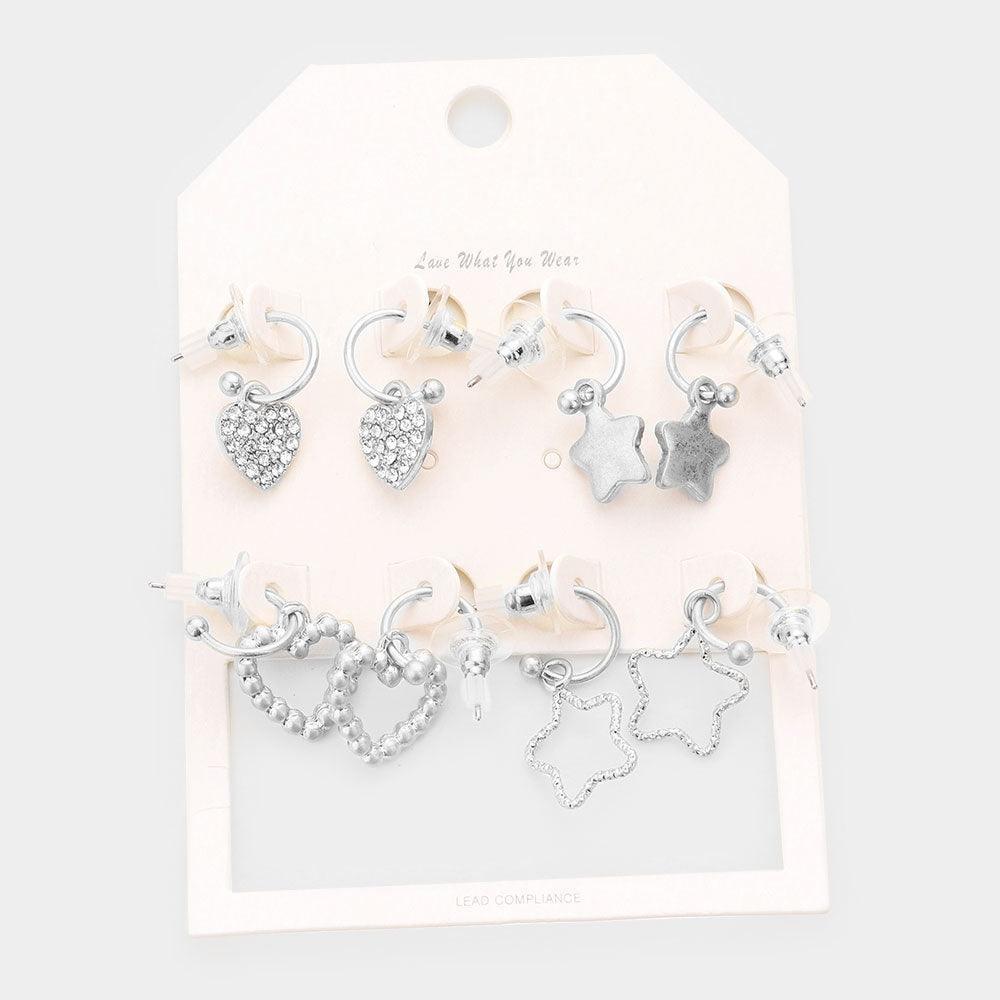 Silver 4Pairs - Rhinestone Embellished Heart Star Dangle Earrings - Jewelry Store by Erik Rayo