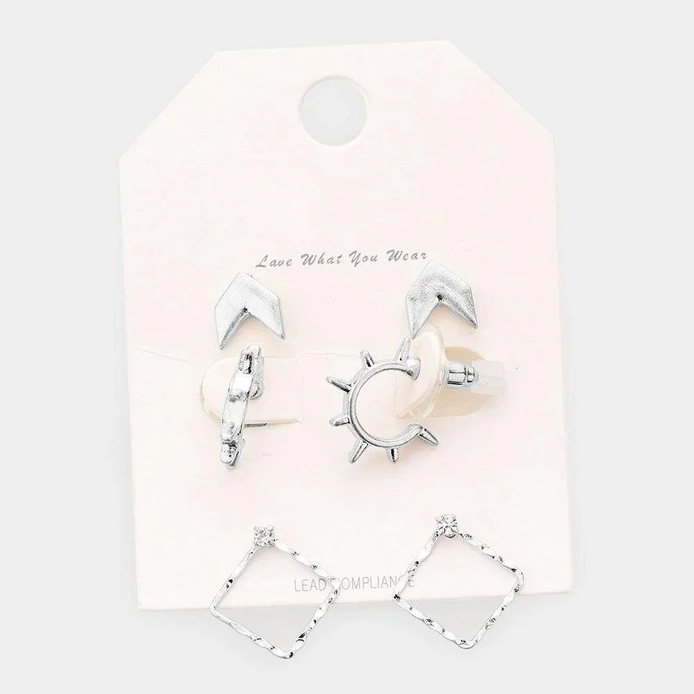 Silver 3Pairs - Geometric Metal Sun Open Square Earrings - Jewelry Store by Erik Rayo
