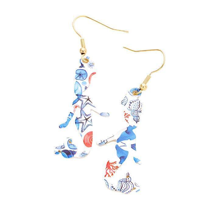 Gold Patterned Metal Mermaid Dangle Earrings - Jewelry Store by Erik Rayo