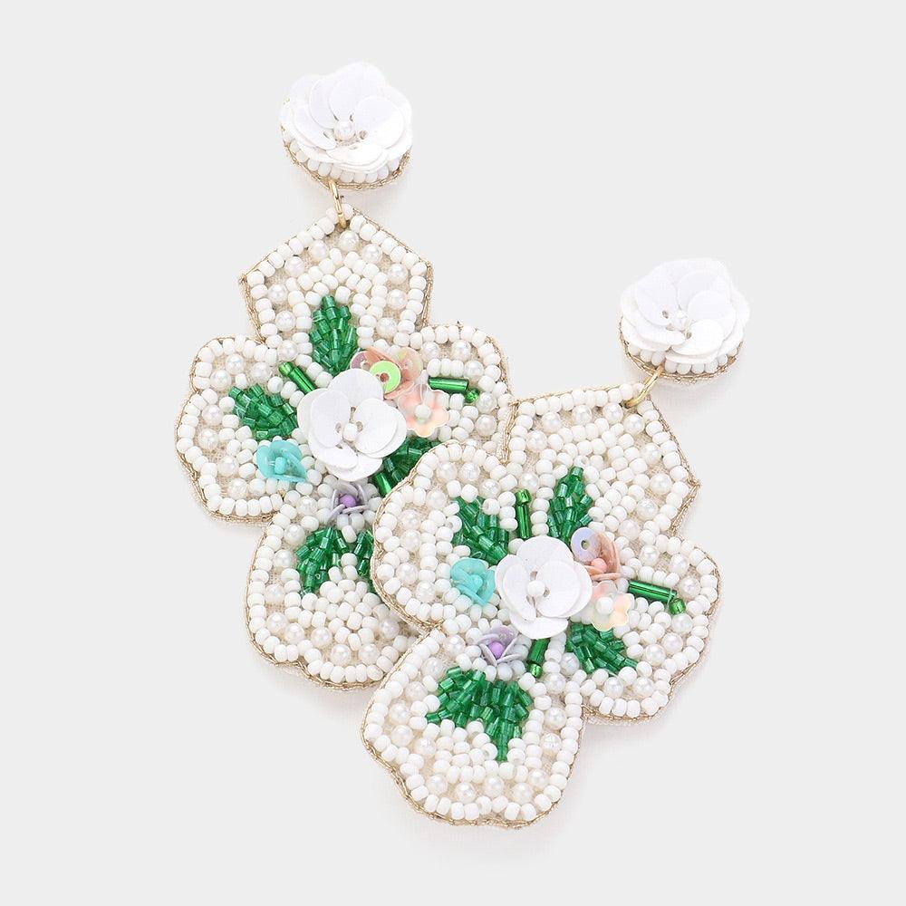 White Seed Beaded Flower Cross Dangle Earrings